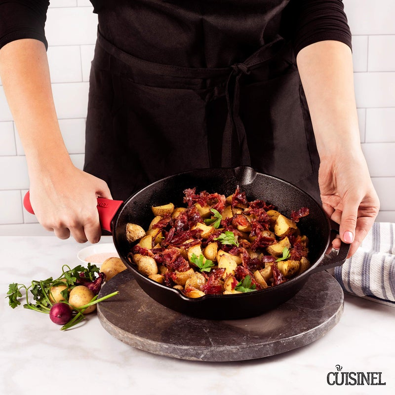 Cuisinel Cast Iron Skillet - 10"-Inch Frying Pan with Pour Spouts + Pan Scraper + Silicone Grip Handle Cover Holder - Pre-Seasoned Oven Cookware - Indoor/Outdoor Use - Stovetop, Induction. PFAS and PFOA-free - Image 2